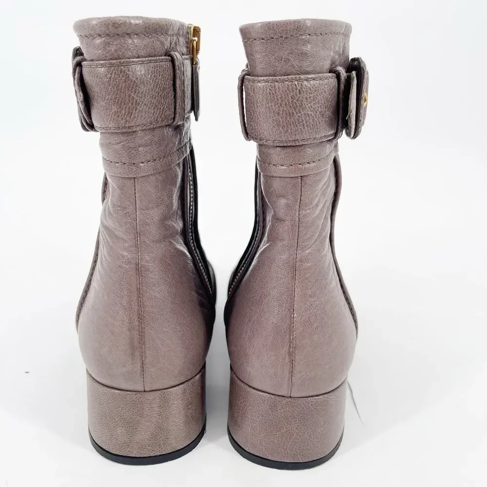 Prada F/W 2017 Dove Gray Multi Buckle Moto Grunge Square Toe Ankle Boot IT 37.5